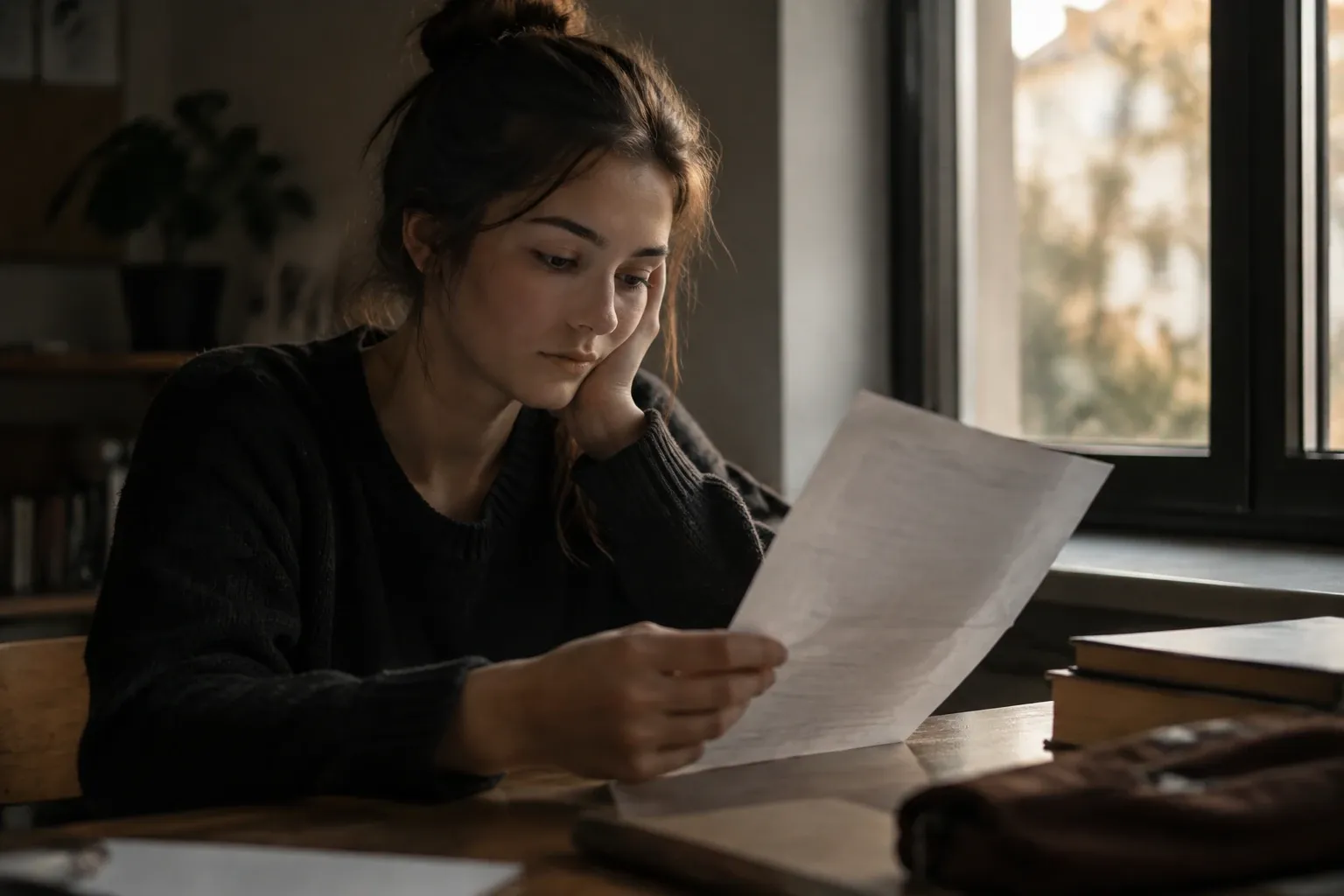 Student sitting at table by window looking worried while reading a paper