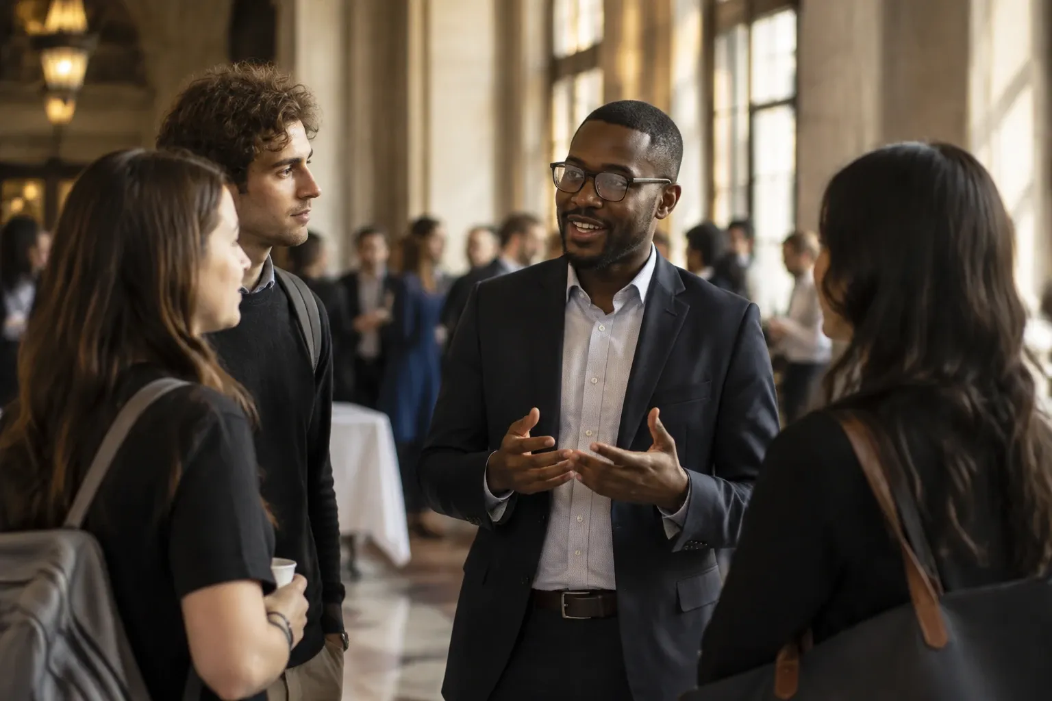 Young professionals conversing in a sunlit reception hall, networking and smiling