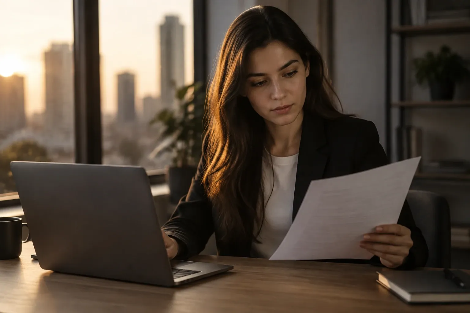 Young woman in office reviewing a document beside laptop with sunset city view