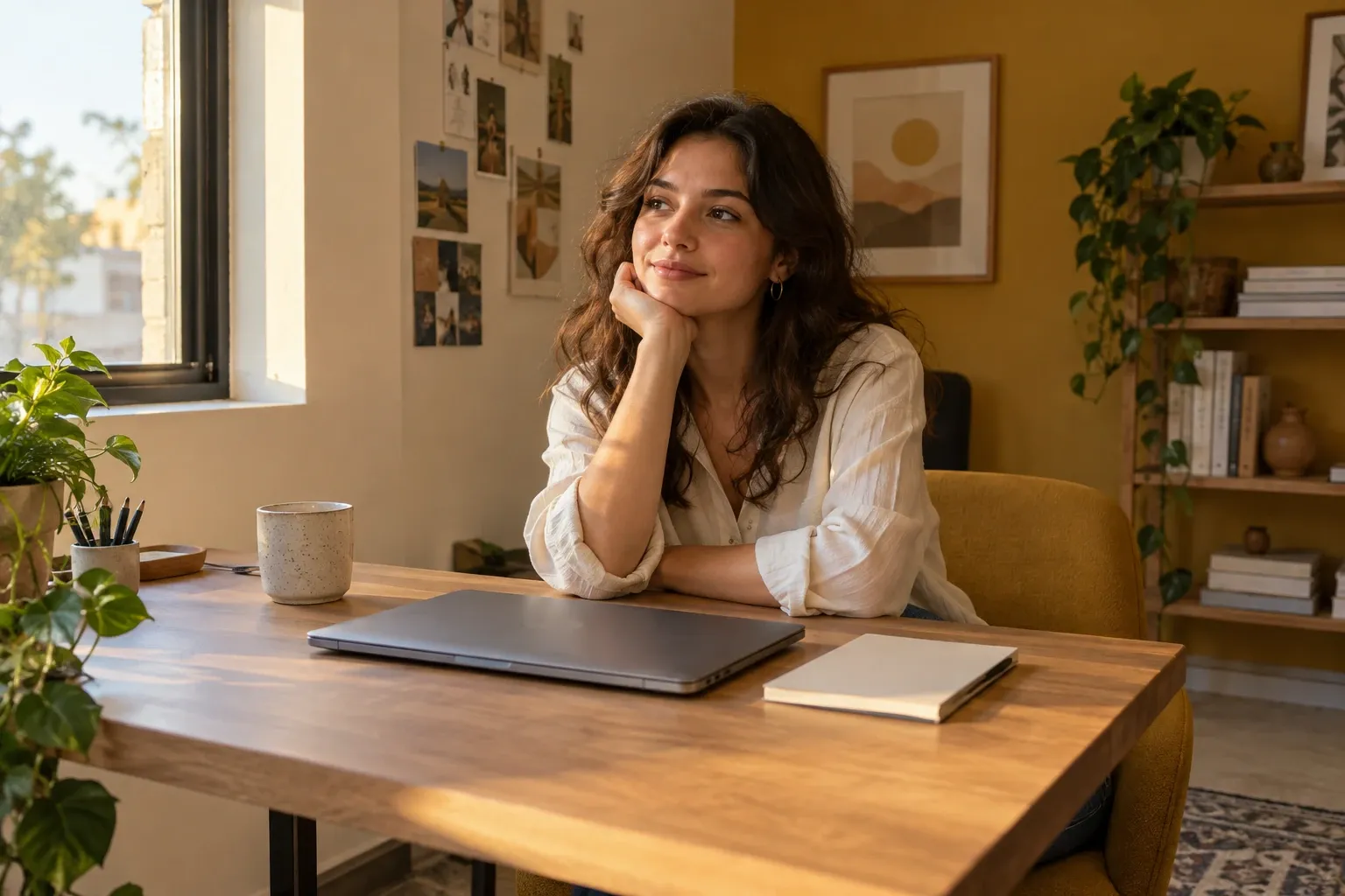 Young woman at desk daydreaming beside laptop, notebook, mug, warm window light
