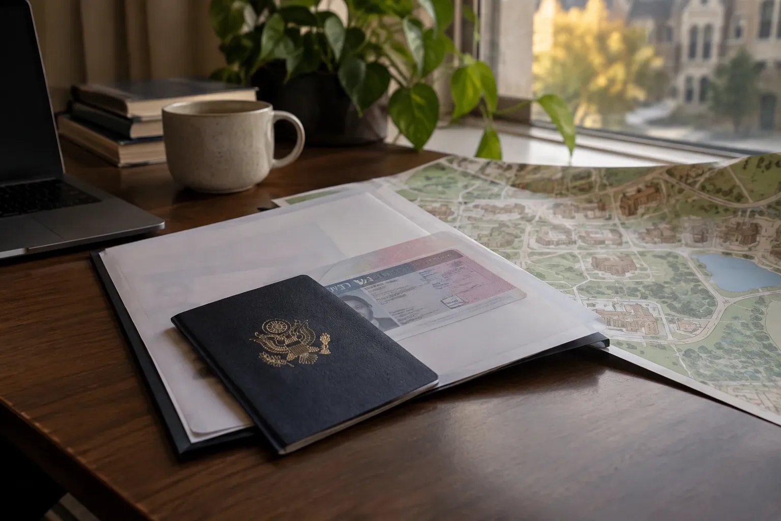 US passport resting on folder with visa page, map, laptop, coffee mug on desk