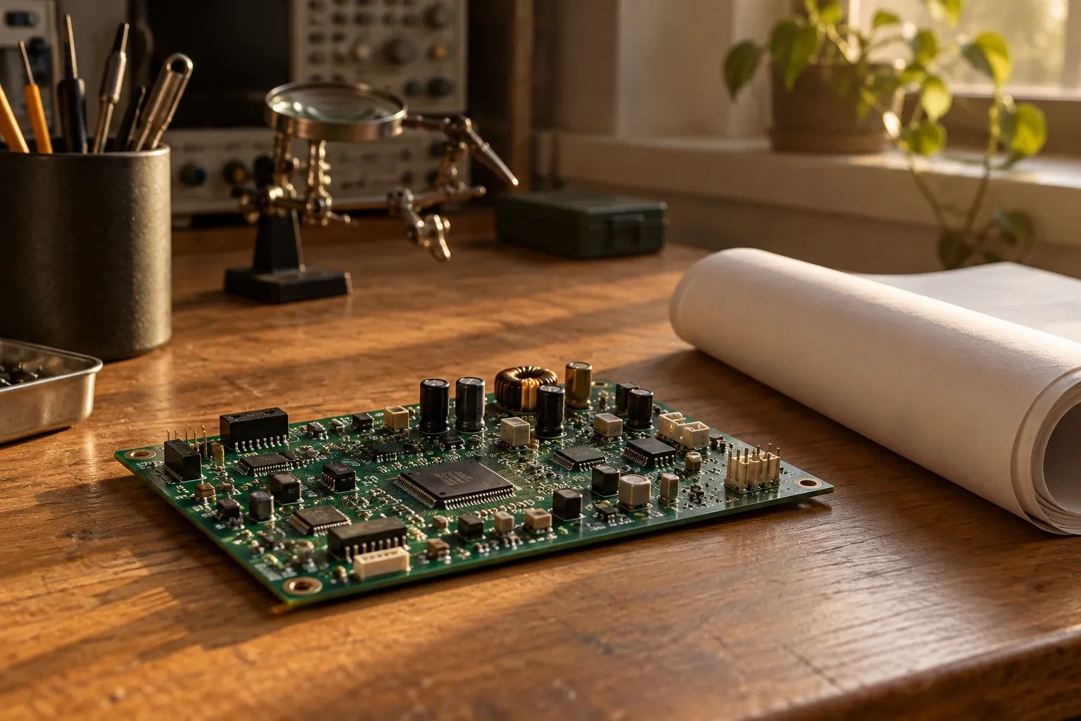 Printed circuit board with components on a wooden workbench near rolled schematic papers