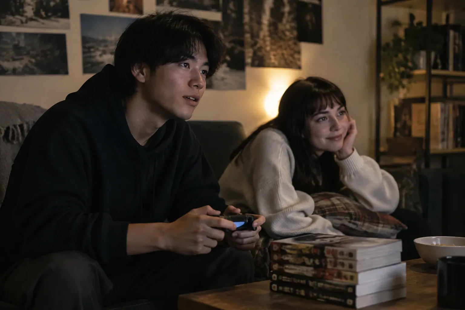 Young man playing video game controller while woman watches, manga stack on table