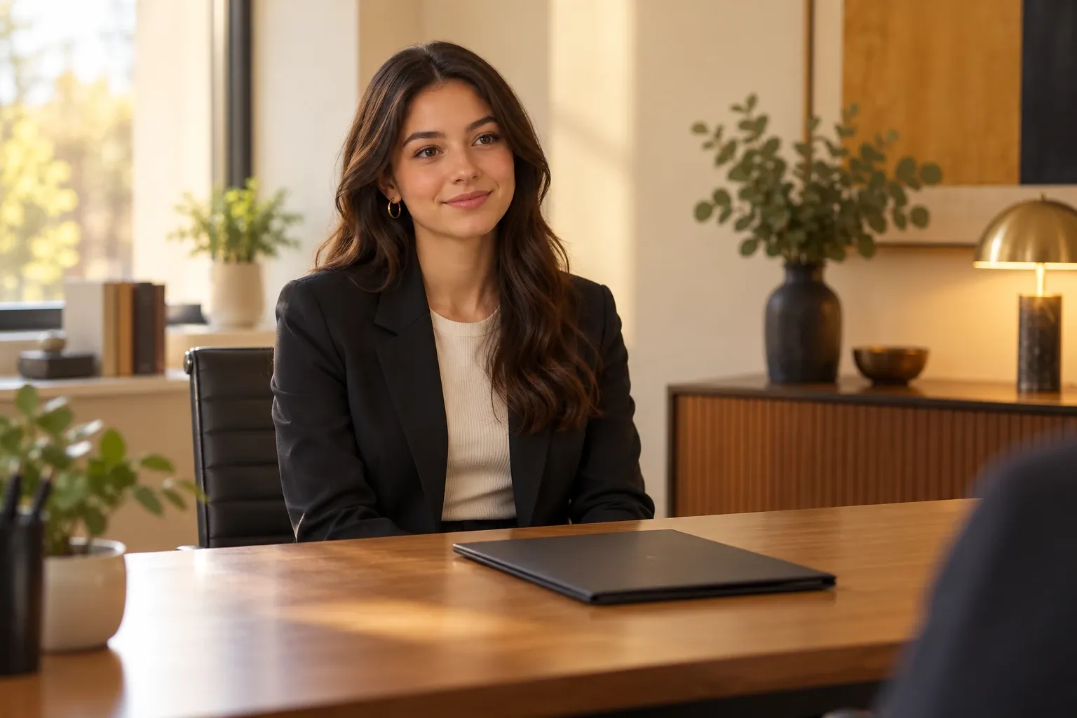 Young woman in blazer smiling across desk during an interview in office setting