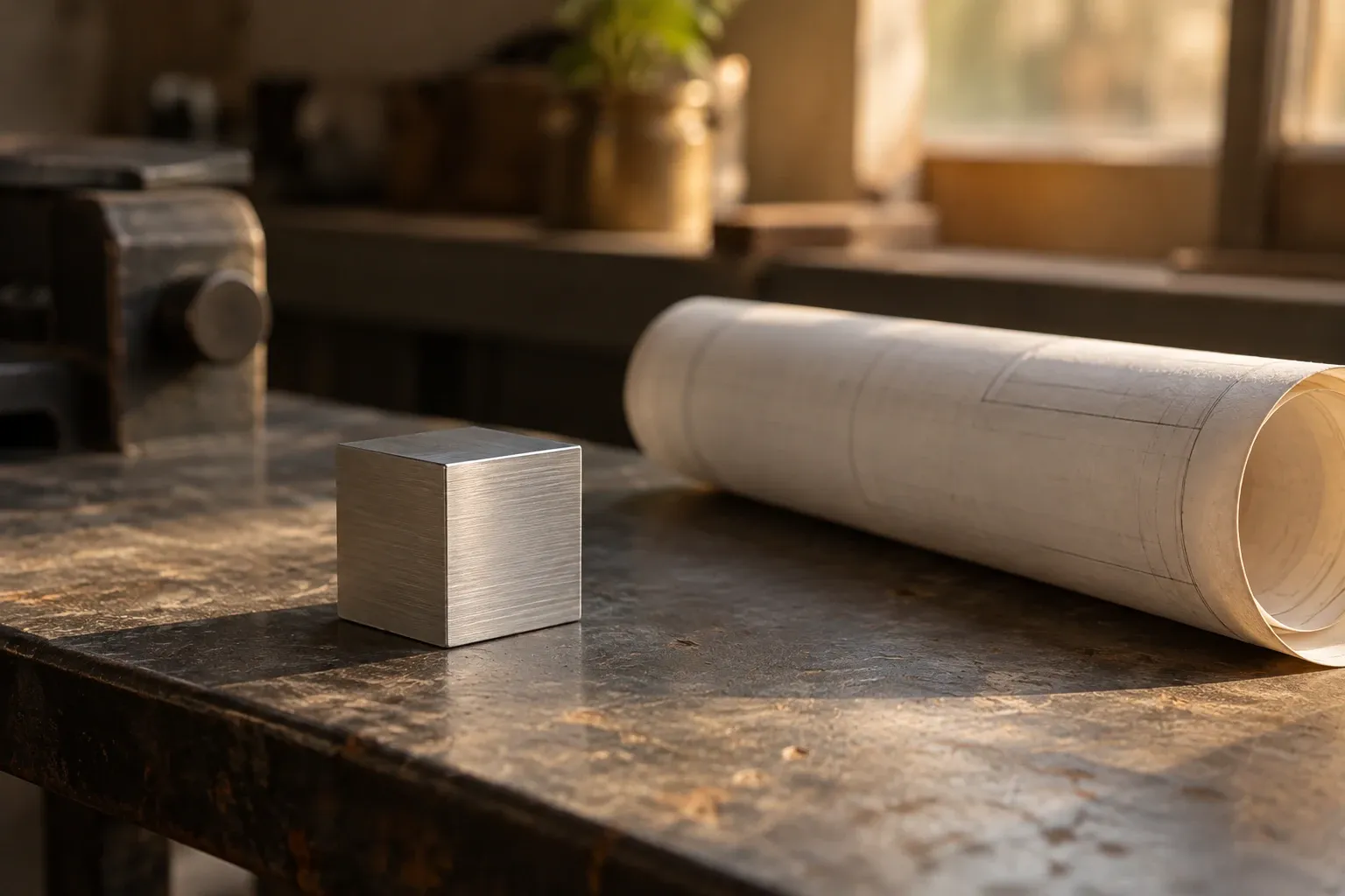 Brushed metal calibration cube on workbench beside rolled technical blueprint, warm window light