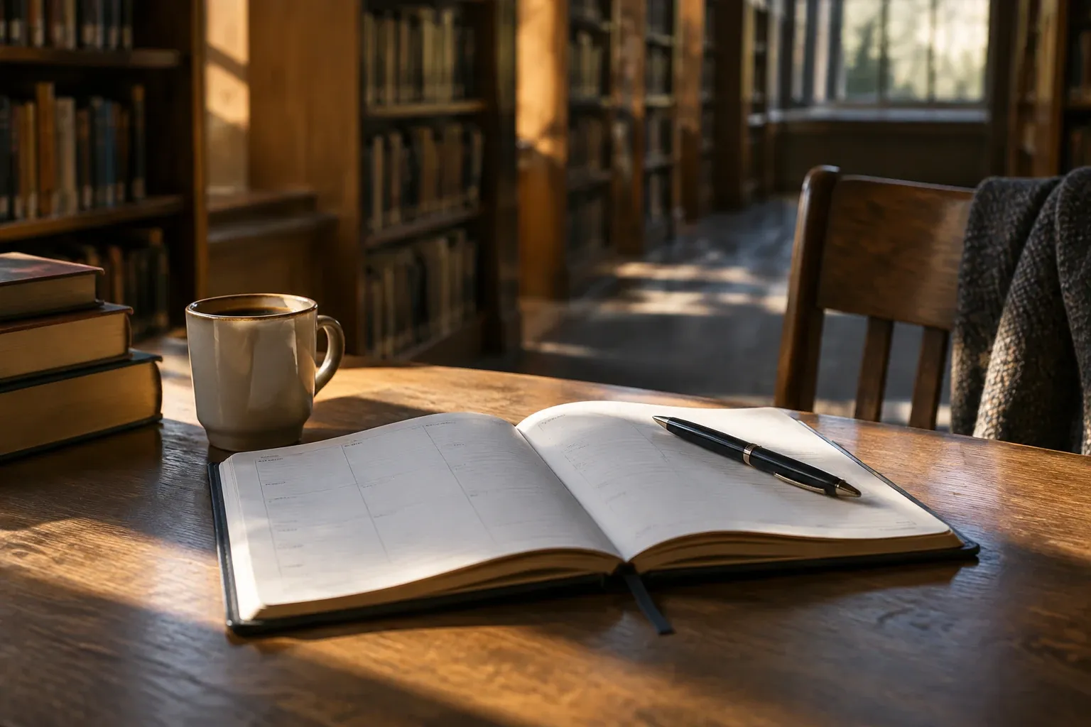 Open notebook with pen, coffee mug, and stacked books on sunlit library table