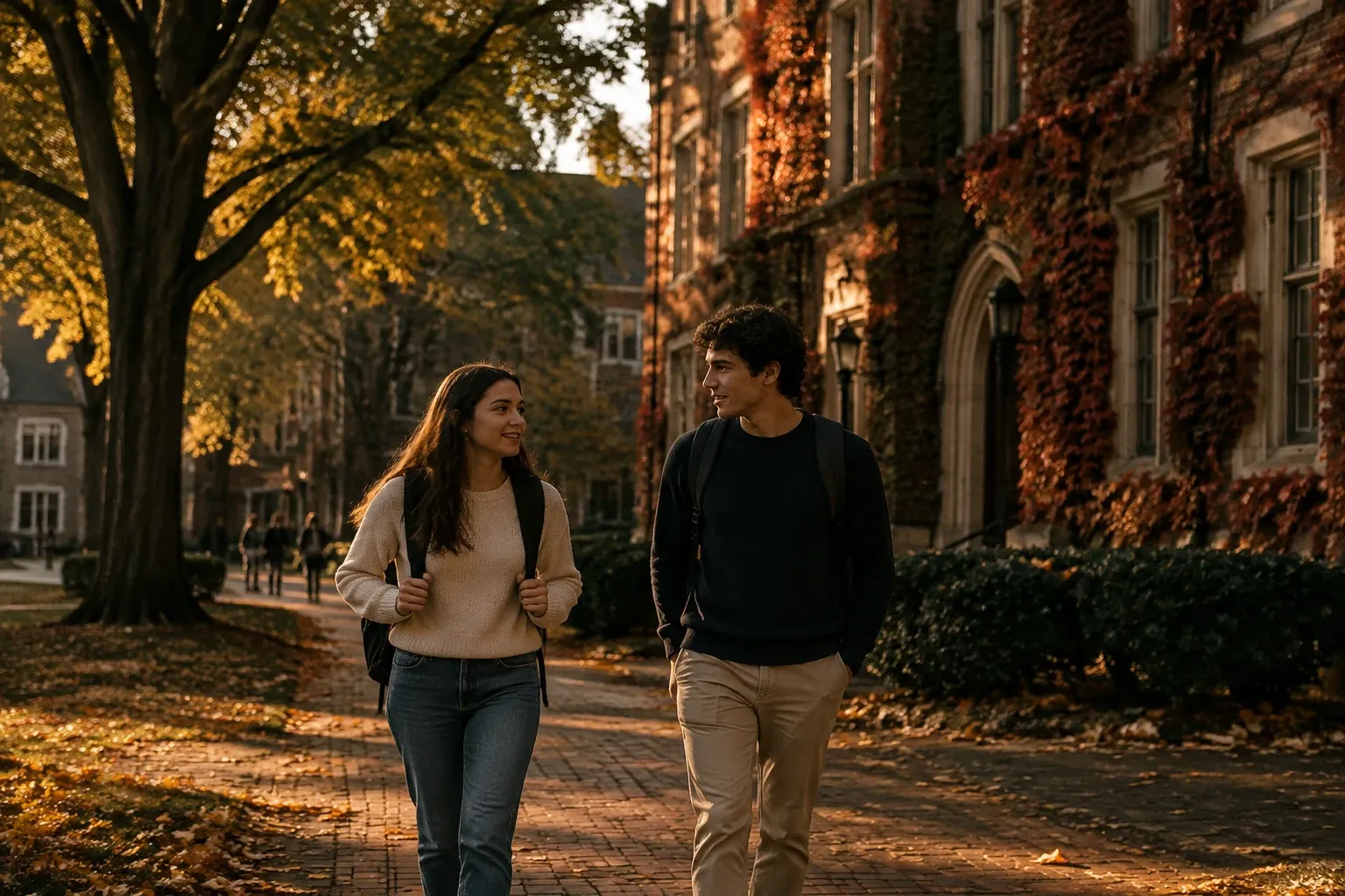 Two college students walking on leafy campus path at golden hour