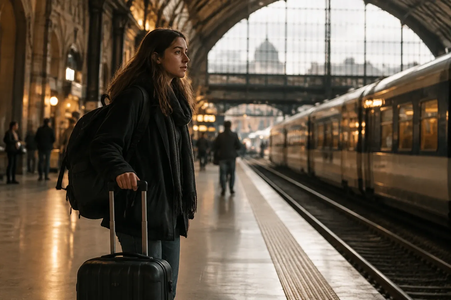 Young woman with suitcase waiting on historic train station platform under arched roof