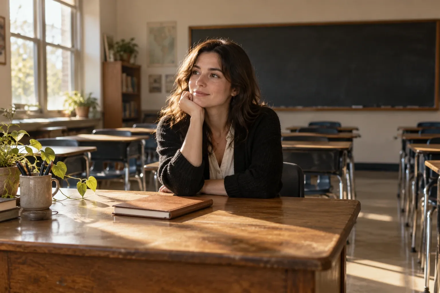 Female teacher sitting at wooden desk, resting chin on hand, empty classroom sunlight