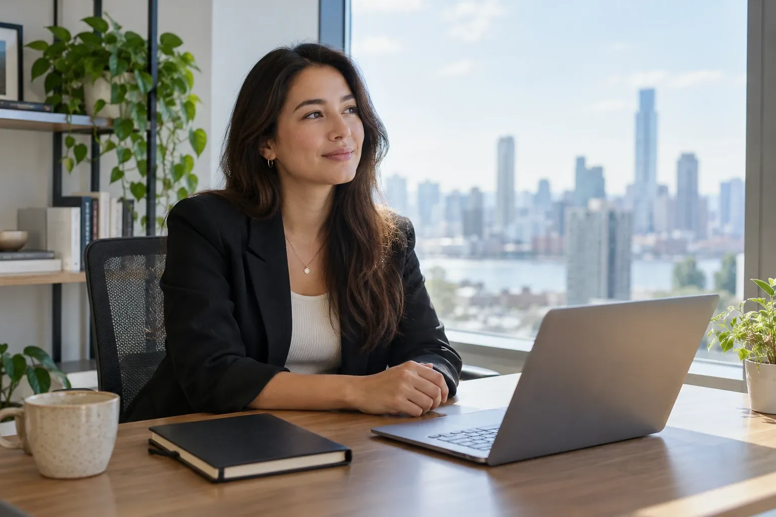 Young professional woman in blazer seated at desk with laptop, notebook, city view