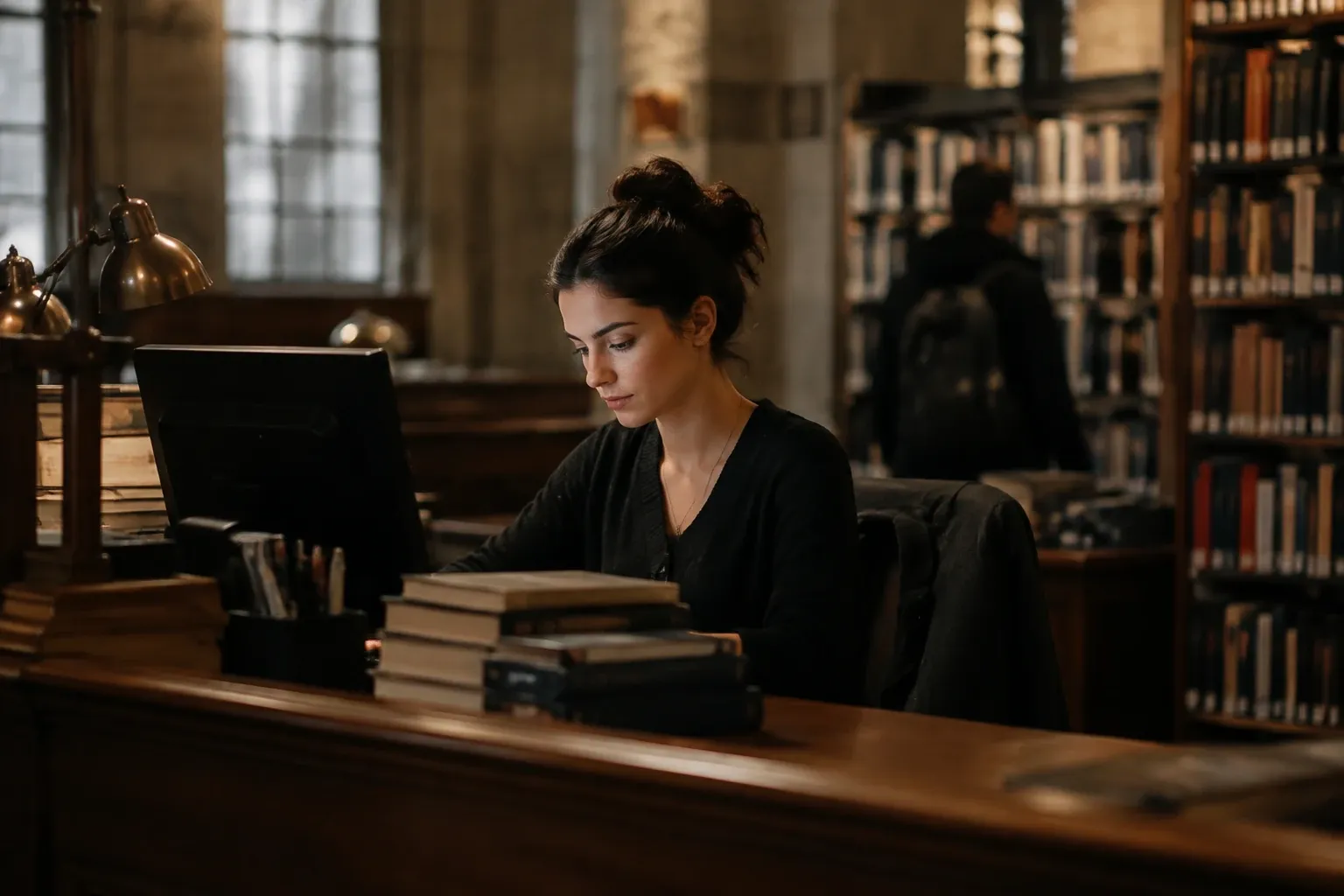 Student studying at a computer in a dim library surrounded by stacked books
